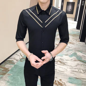 

2020 New Men's Summer Korean Trend Slim Sleeve Shirt Nightclub KTV Hair Stylist Workwear Five-point Sleeve Shirt
