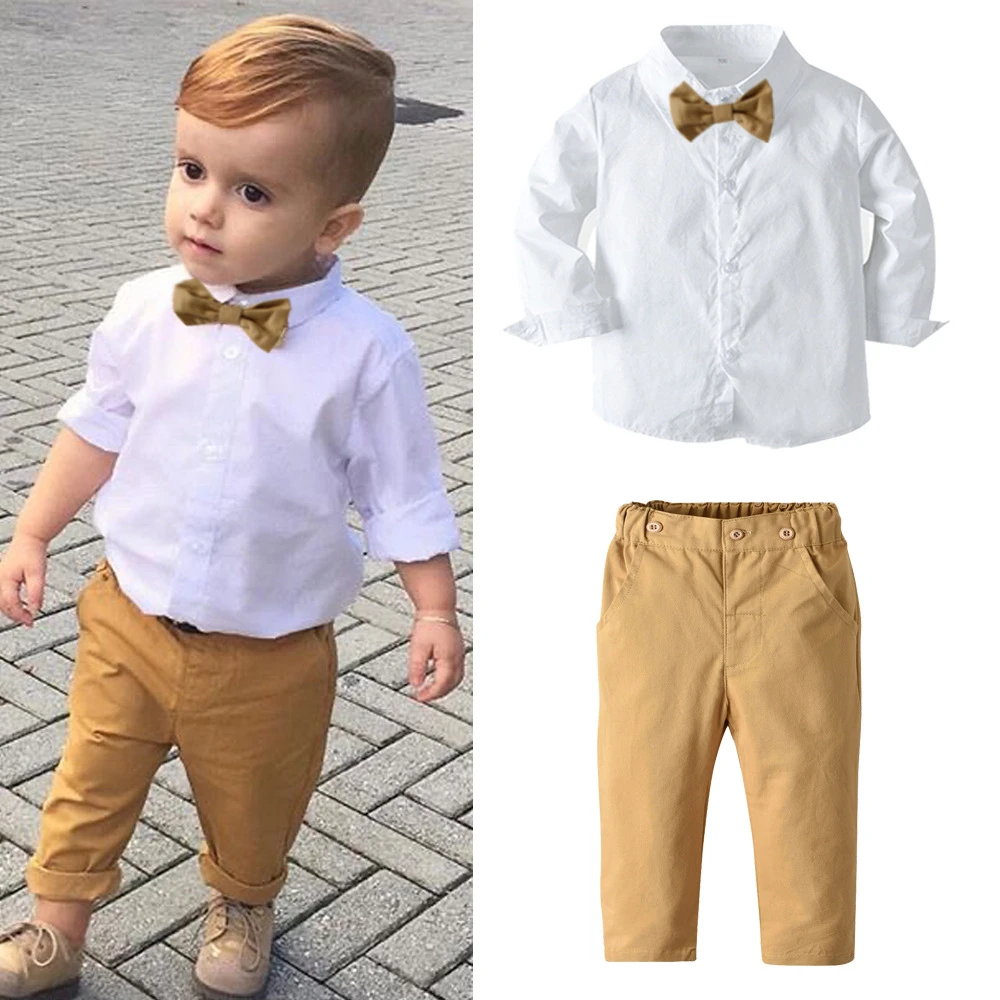 Conjunto para niños pequeños, Vestido camisero blanco bebé, traje guapo fiesta de boda, pantalones caqui, prendas vestir, novedad de de ropa| - AliExpress