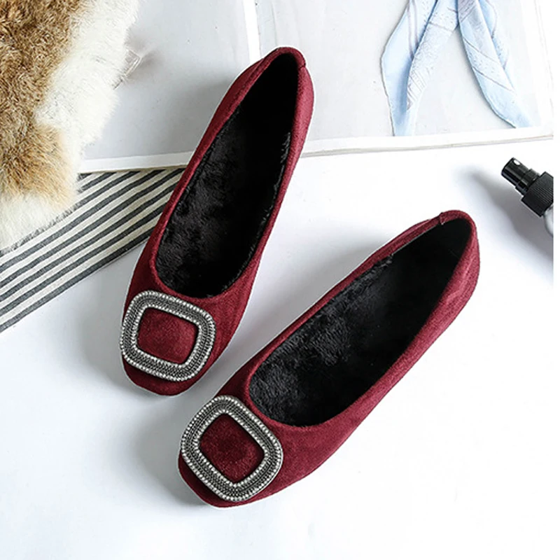 

Women Shoes Winter Ballet Flats Shoes Metal Buckle Square Toe Loafers Slip on Slides Plus Size Black Wine Red Pink Zapatos Mujer