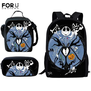 

FORUDESIGNS Couple Schoolbag Jack&Sally 3D Printing Backpack Set 3Pcs Colorful Funny Customized Bags For Boys Girls Youth Gift