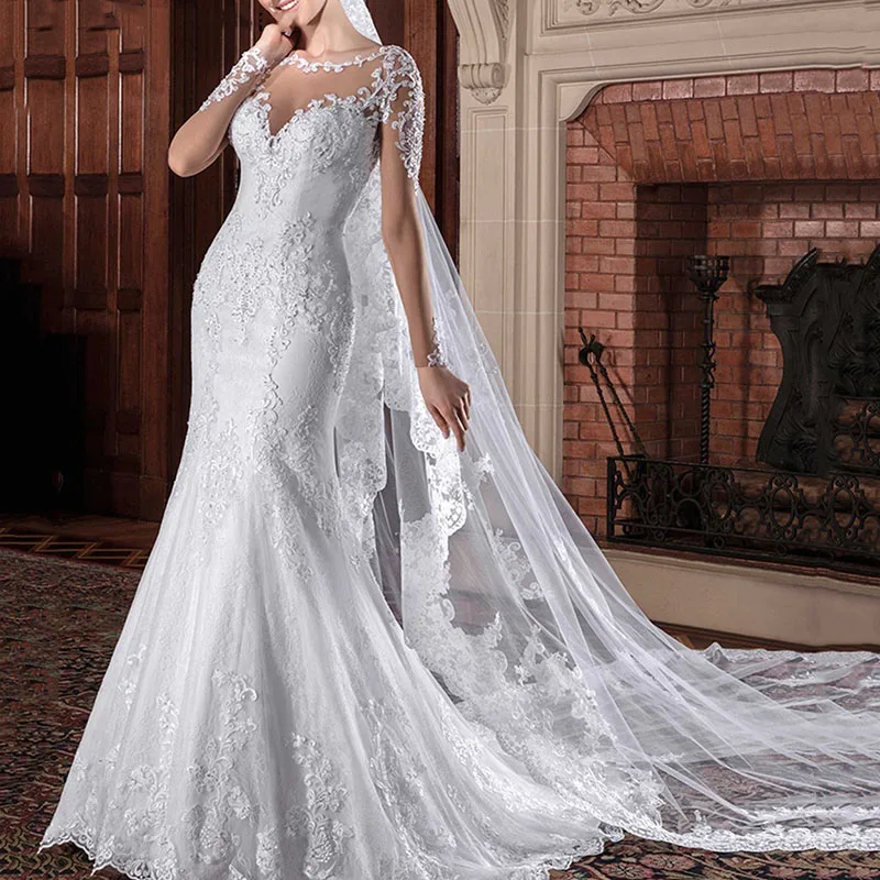 『Cheap!!!』- Illusion Long Sleeves Mermaid Wedding Dresses Lace
Beading Sheer Neck Wedding Gowns 2019 Court Train Bride Dress