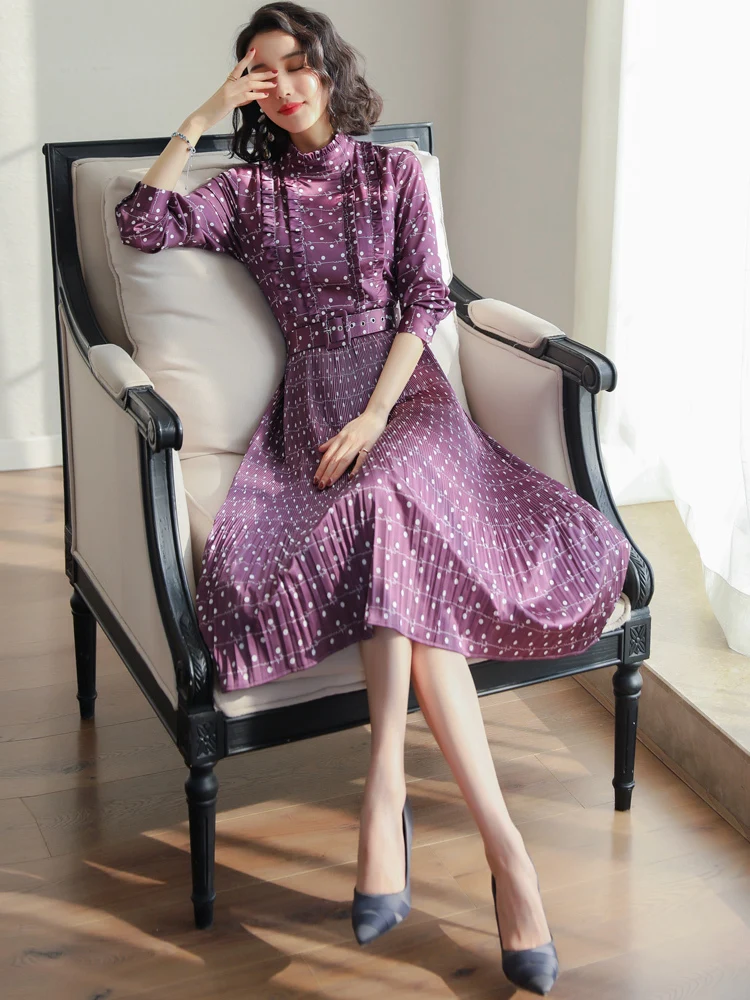 

Spring Summer Dress 2020 Vintage Polka Dot Office Dress for Women Pleated Purple Dress Elegant Ladies Dresses Vestidos MY2320