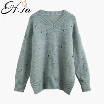 

H.SA Knitted Pullover and Sweaters V neck Hollow Out Green Knit Pull Jumpers Thick Warm Irregular Knit Pull Femme Hiver Jumpers