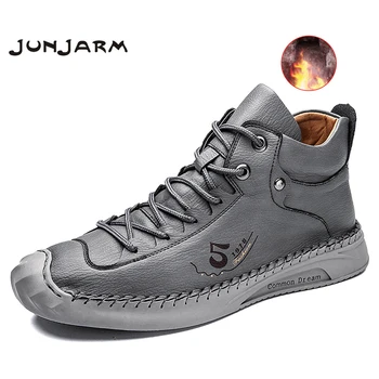 

JUNJARM Casual Martens Boots Men Winter Warm Plush Men Snow Boots Leather Comfortable Black Men Ankle Boots Plus Size 39-48