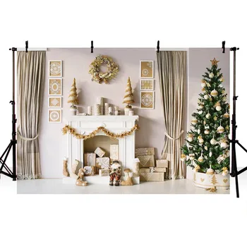 

Mehofond Christmas Backdrop Tree Fireplace Gift Curtain Pictures Portrait Decorations Photography Backgrounds for Photo Studio