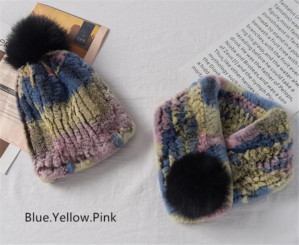 Blue.yellow.pink 1 комплект меховая шапка с шарфом Настоящий мех кролика зима натуральный мех ручной вязки воротник шарфы рукав шапка - Цвет: Blue.yellow.pink