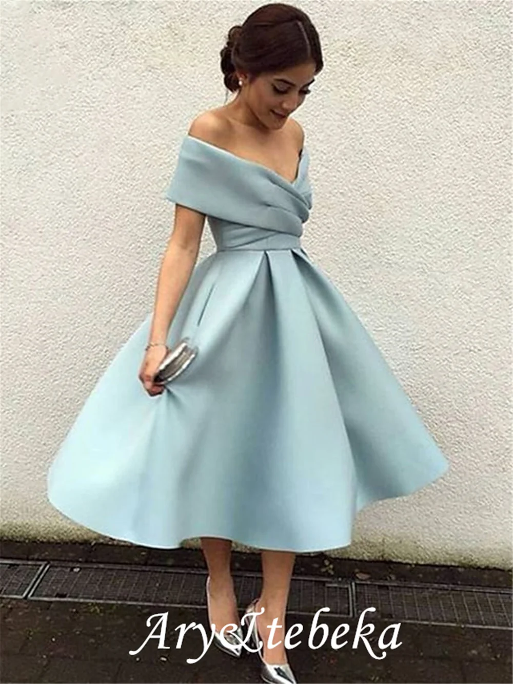 A-Line Elegant Vintage Cocktail Party Formal Evening Dress V Neck Short Sleeve Tea Length Satin with Pleats 2021