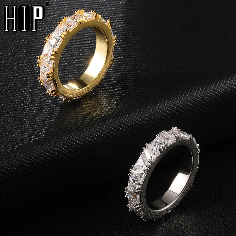 Hip Hop 1Row Square CZ Iced Out Bling Cubic Zircon Charm Gold Round Ring For Men Women Jewelry Size 8-11'' | Украшения и