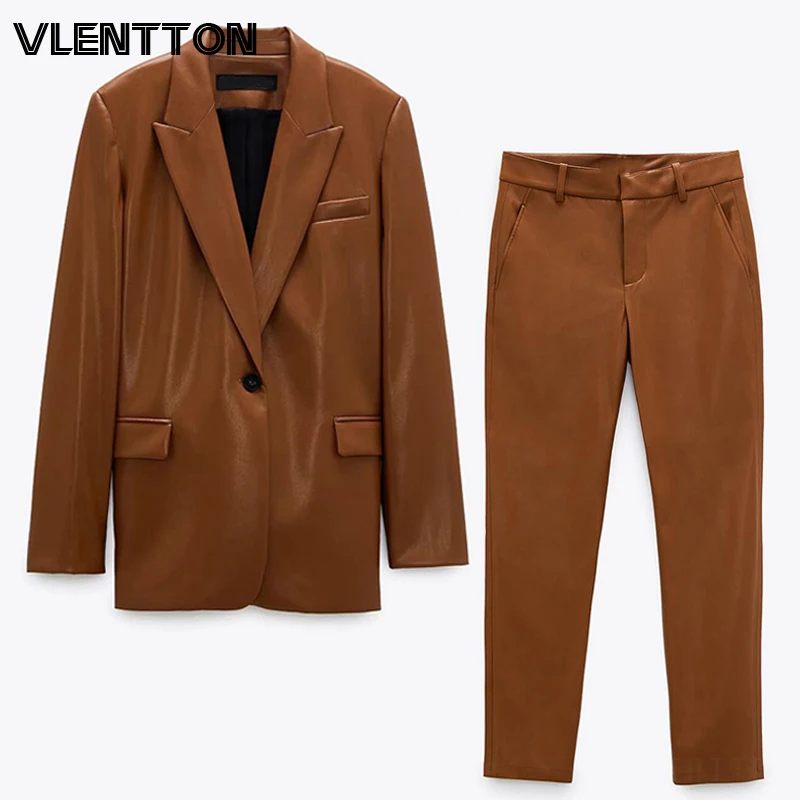

2020 Autumn Women Vintage Faux Leather 2 Piece Set Elegant Blazer Jacket Coat+Zipper Pants Suit OL Office Trouser Outfits Female