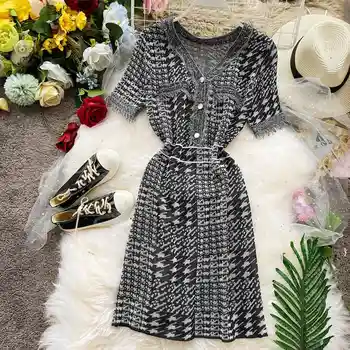 

2020 New Summer Women Knitted Dress Sleeveless Mini Fashion Slim Jacquard Houndstooth Chic O Neck Plaid Dress