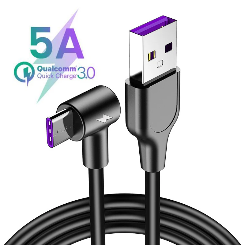 

5A USB Type C Fast Charging USB C Cable for Huawei P30 P20 Lite Super Fast 90 Degree Cable for Xiaomi Mi 8 Samsung S10 S9 Note 9
