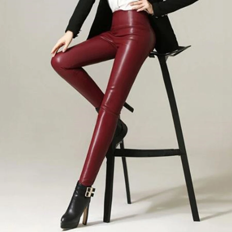 spanx pants Faux Leather 2022 Fashion Sexy Thin Red Wine Women Leggings Stretchy Push Up tights for women