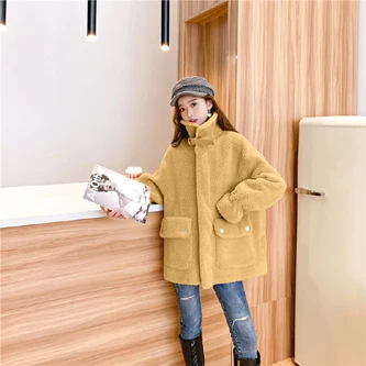 Цвет: желтый Женское шерстяное зимнее пальто manteau femme chaud модное женское Верхнее пальто с длинными рукавами, теплое пальто с отворотом и карманом на молнии в Корейском стиле - Цвет: Цвет: желтый