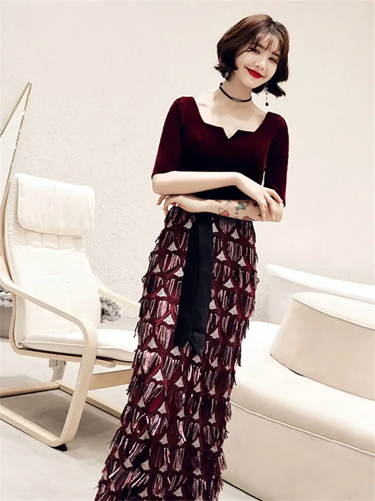 Это Yiya вечернее платье, с вырезом лодочкой полномерная прямая Robe De Soiree кисточки короткий рукав длиной до щиколотки женские вечерние платья E894