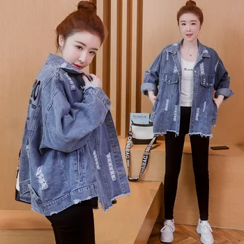 

2019 Spring And Autumn Ioaded Korean Version Of the New Junior High School Students Ioose Fashion Hole Denim Jacket Jacket ti