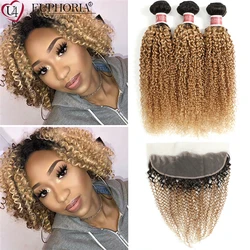 Ombre Blonde Brazilian Remy Human Hair 3 Bundles With Lace Closure Frontal Kinky Curly Bundles With 13x4 Lace Frontal EUPHORIA