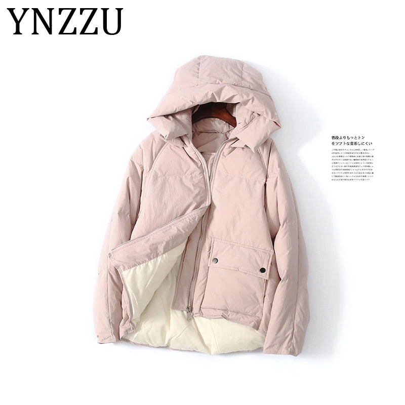 

YNZZU 2019 New Winter Short Women's Down Jacket Pink Sweet Korean 90% White Duck Down Coat Female Warm Hooded Outwears A1178