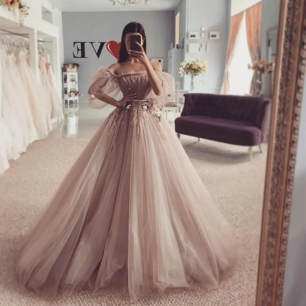 

Dress Evening Special Occasion Dress Floor Length Dust Pink SleeveTulle Princess For Women Party Turkey Elegant 2020 Puffy