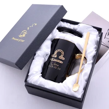 

Twelve constellation ceramic mug gold handle lovers cup personalized bone china coffee cup creative with lid spoon gift box set