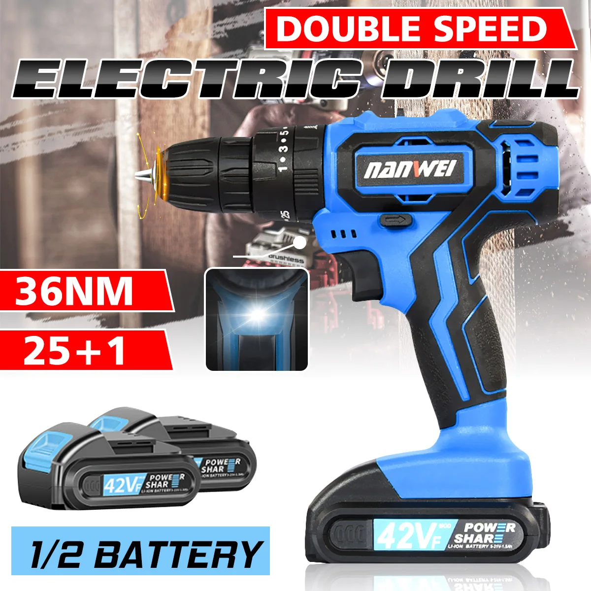 

42VF Cordless Electric Drill 25+1 Torque Rechargeable 2 Speed Screwdriver Impact Power Tool with Led Light & 1/2 Lithium Battery