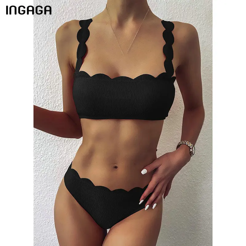 crochet bikini set INGAGA Push Up Bikinis 2021 Swimsuits Scalloped Edge Swimwear Women Ribbed Bathing Suits Solid Bandeau Biquini Beach Bikini Set 3 piece bikini set