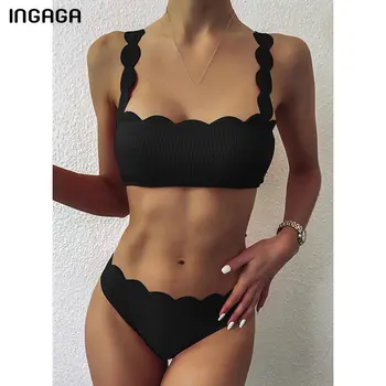 INGAGA Push Up Bikinis 2021 Swimsuits Scalloped Edge Swimwear Women Ribbed Bathing Suits Solid Bandeau Biquini Beach Bikini Set 1