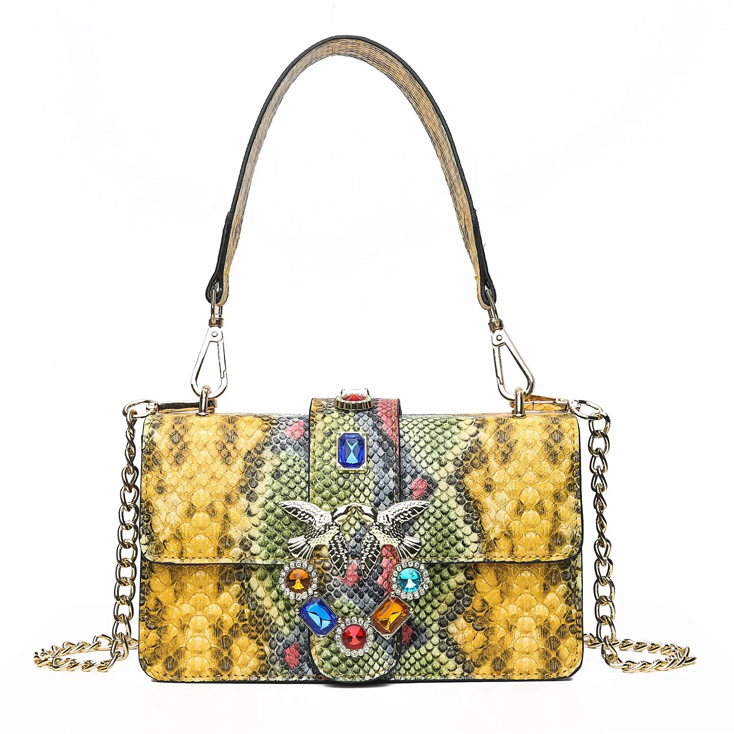 

Top Grade WOMEN'S Bag Fashion Snakeskin Print Shoulder Bag Diamond Set Small Square Bag Cover Type Embossed Bag with Chain Fashi