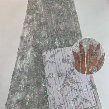 

2020 sequins African sequins gray lace fabric with African sequins French tulle lace fabric