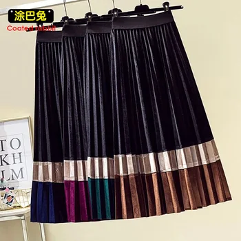 

CR Female Vintage Velvet Long Pleated Skirt Women for Autumn Winter Korean Fashion Ladies High Waist Maxi Skirt Femme