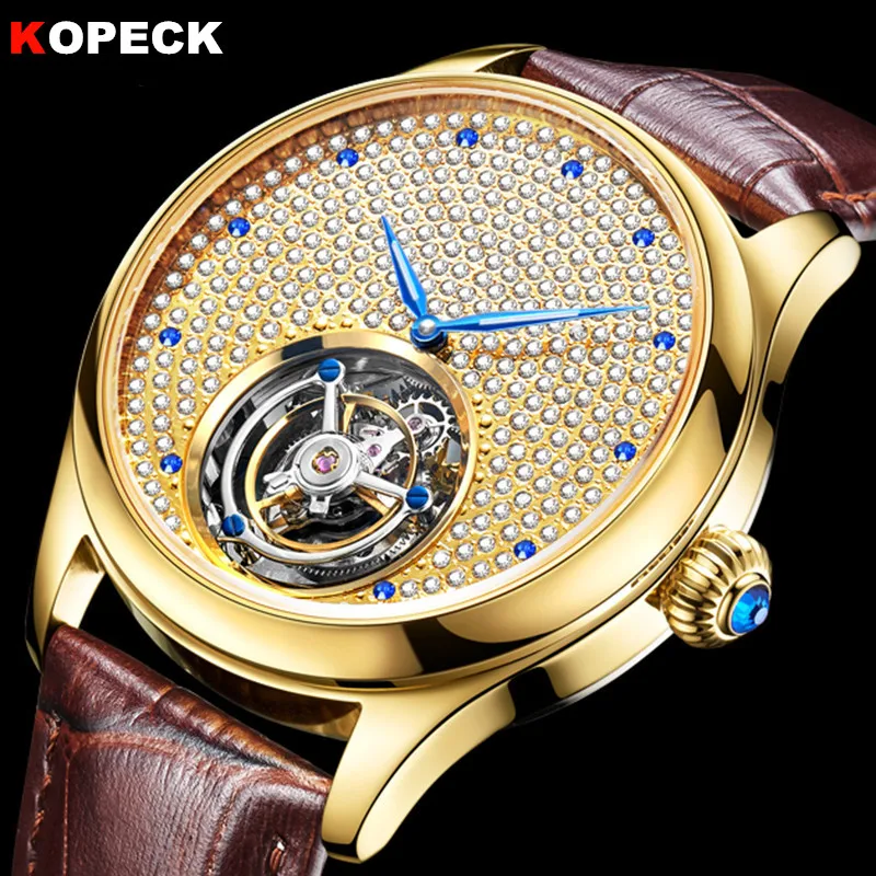Мужские часы с натуральным сапфиром Tourbillon роскошные золотые механические со