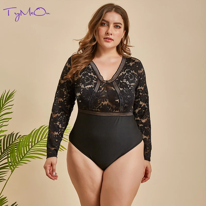 TryMeOn Black Obstructed Teddy Lingerie Women Plus Size Lace Bodysuit Long Sleeve Teddies Body Suits Underwear | Тематическая