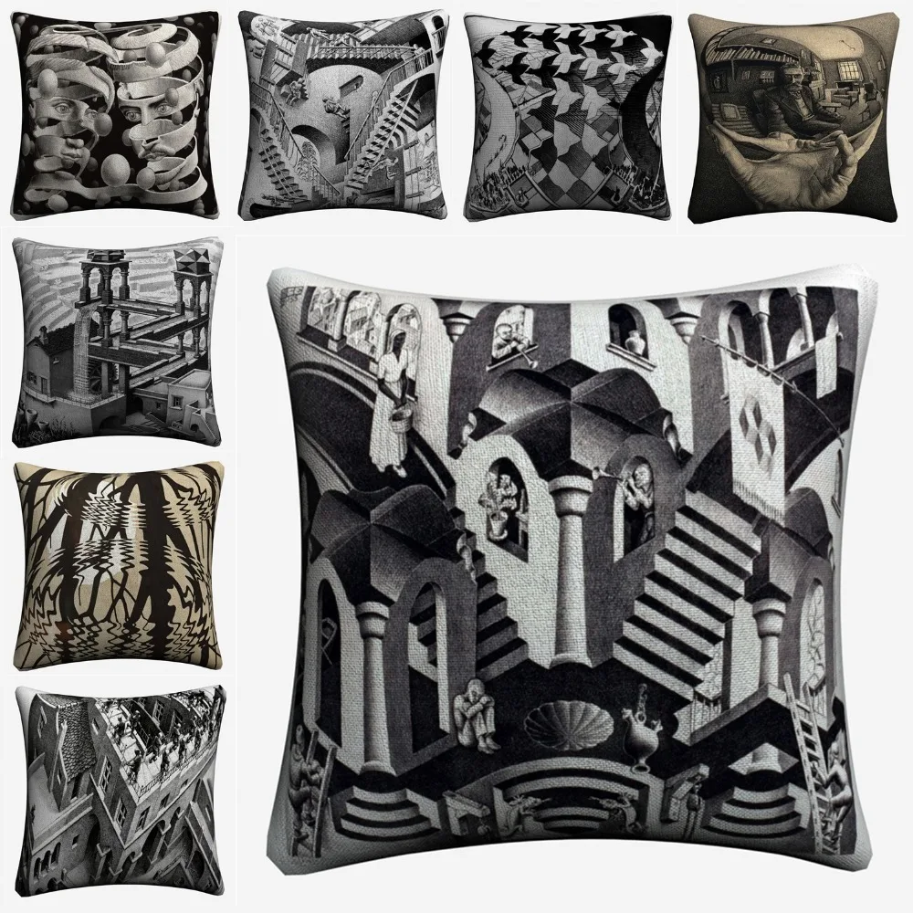 

Escher Surreal Geometric Artwork Decorative Cotton Linen Cushion Cover 45x45cm For Sofa Chair Pillowcase Home Decor Almofada