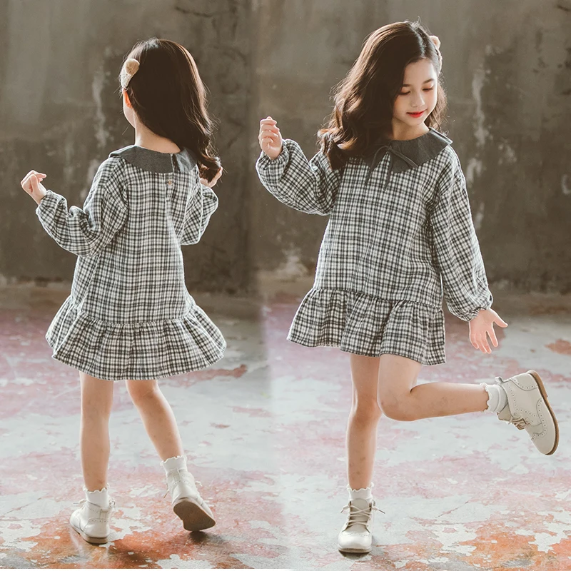 Хлопковые Платья для девочек новые осенние повседневные свободные Детские платья в клетку Милая одежда для маленьких девочек Vestidos Для 6, 8, 10, 12 лет