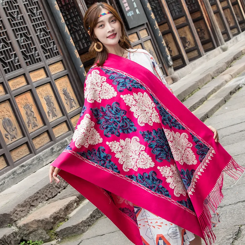Розово-красный New Winter Warm Solid Scarf For Women/Lady Soft Wool Pashmina Shawls Flower Embroidery Cashmere Female Wraps Capes - Цвет: Розово-красный