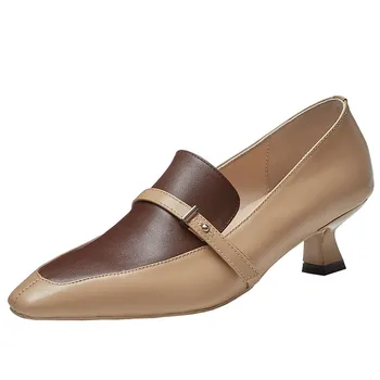

Women's genuine leather mix color patchwork slip-on pumps round toe metal buckle OL style elegant ladies dress heels shoes women