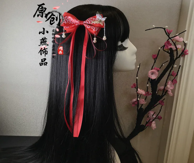 Japanese vintage handmade red ribbon tassel Hair clip hairpin accessories for kimono hanfu Accessories firkete /Horquilla