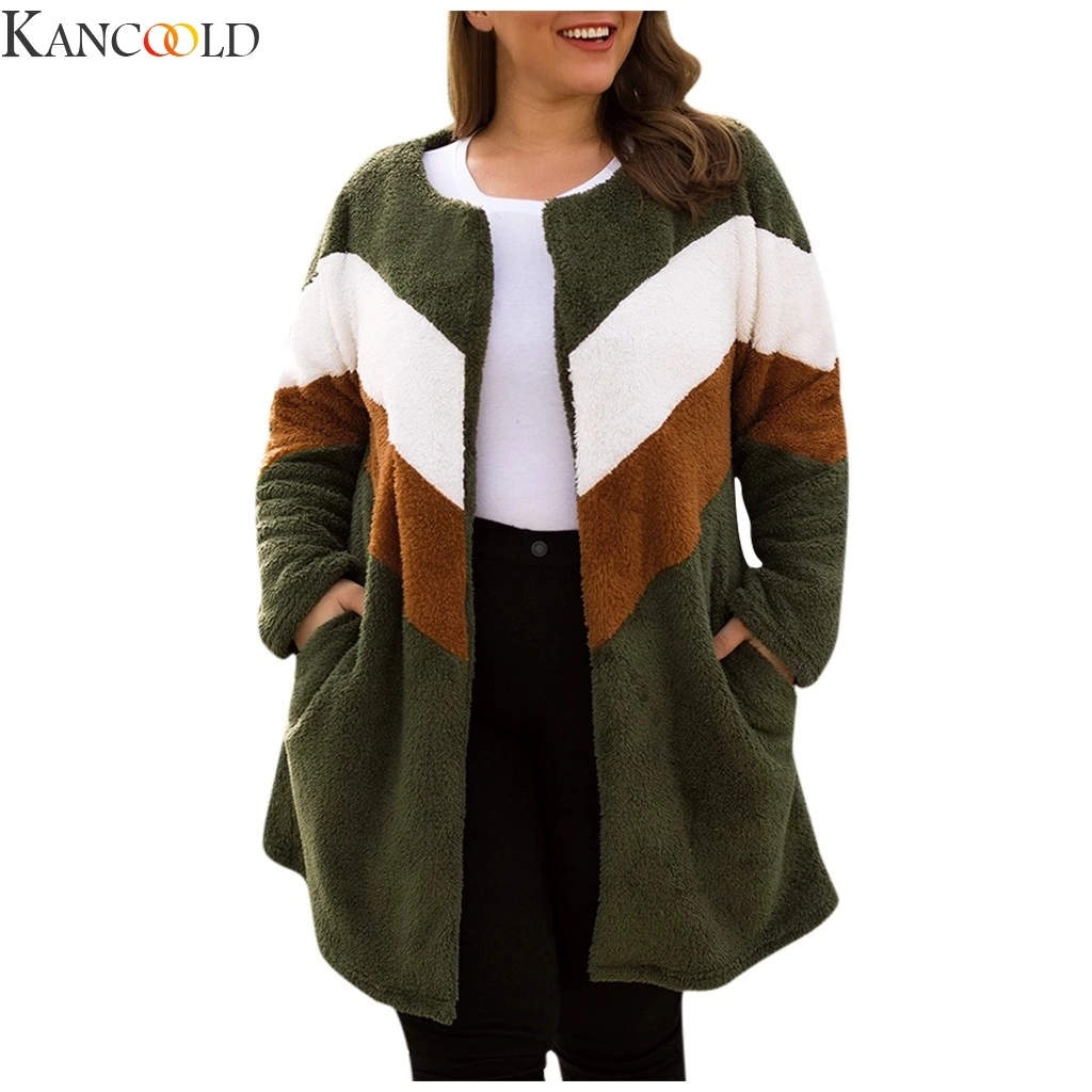 KANCOOLD, Новое поступление, Модный женский кардиган размера плюс с круглым вырезом, контрастный цвет, свободный длинный плюшевый кардиган, теплое удобное пальто