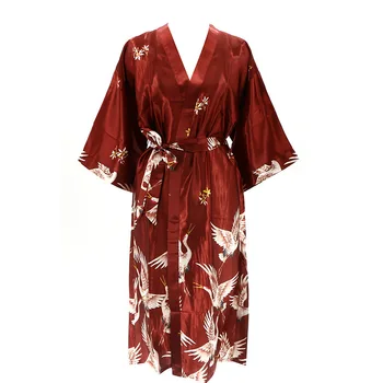 

Print Crane Long Robe Women Satin Kimono Gown Summer Sexy Sleepwear Female Bathrobe Gown Casual Intimate Lingerie Home Wear