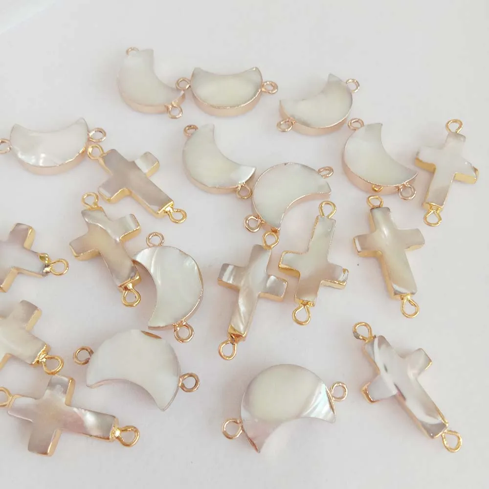 

5 PCS /LOT 100% sea-shell pearl with moon and cross shape,charms with 2 hangers,nature colors ,DIY PEARL BEADS-13x26 mm