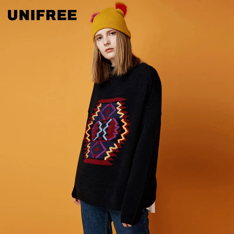 UNIFREE2019 новый осенний свитер с круглым вырезом и геометрическим узором открытыми