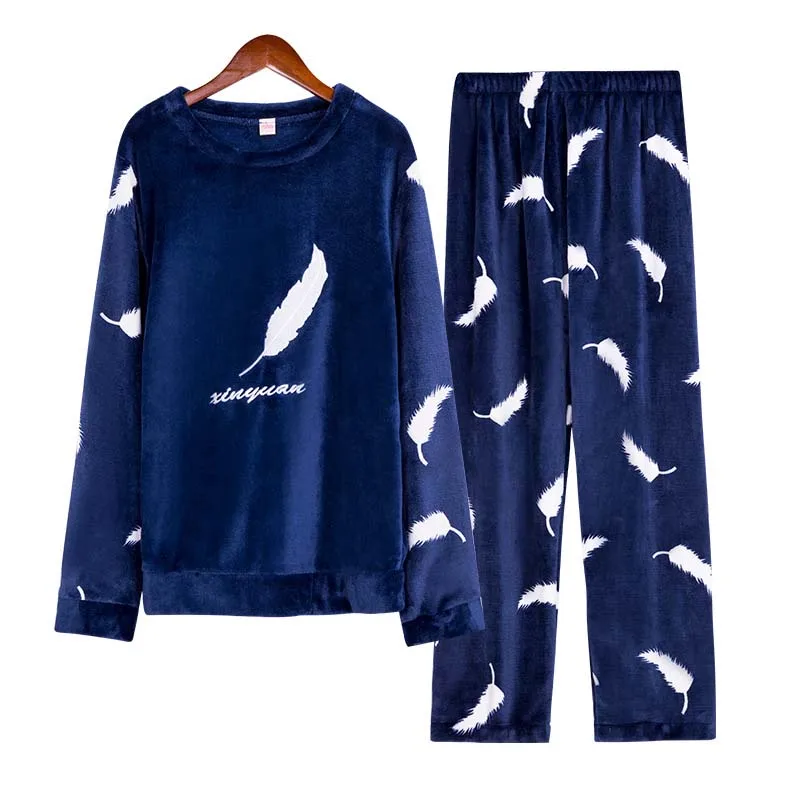 

Warm Coral Velvet Tops Trousers Suits Feather Pattern Men's Pajamas Set Autumn Winter Thick Sleepwear Soft Nightwear Homewear