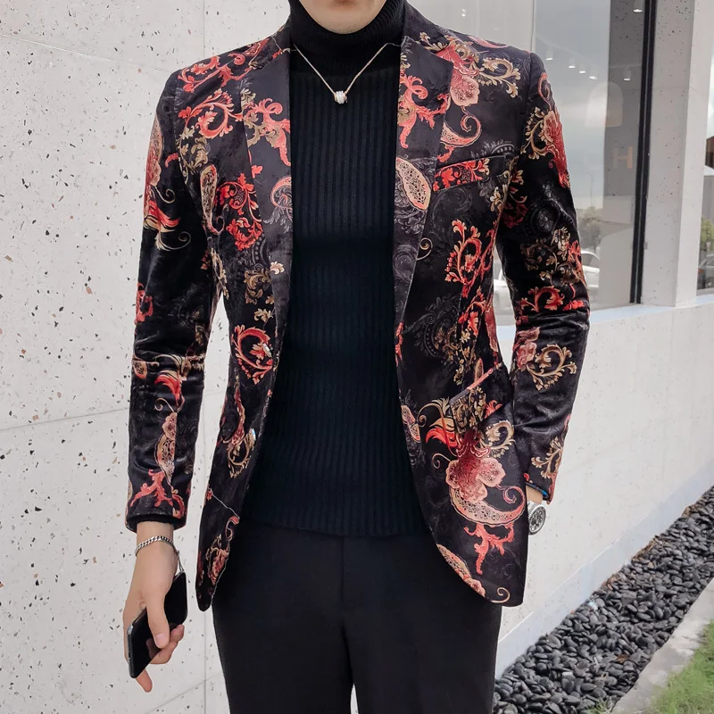 

2019 Luxury Royal Paisley Floral Blazer Slim FitWedding Party Prom Blazer Flower Men Pattern Velvet Suit Jacket Business Causal