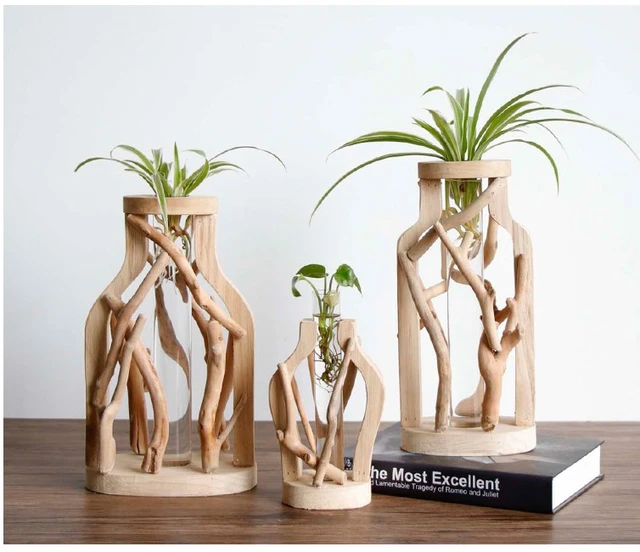 Glass Wood Vase Planter Terrarium Table Desktop Hydroponics Plant Bonsai  Flower Pot Hanging Pots with Wooden Tray
