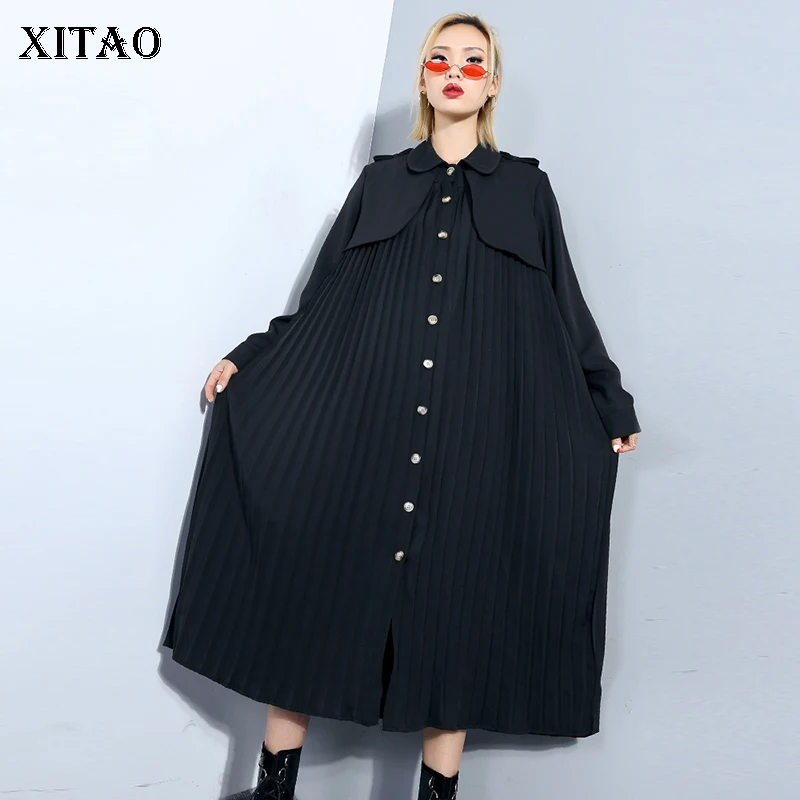 XITAO, Повседневный, плиссированный, длинный Женский Тренч, зима, модный, стиль, свободный, с отложным воротником, с широкой талией, GCC3012