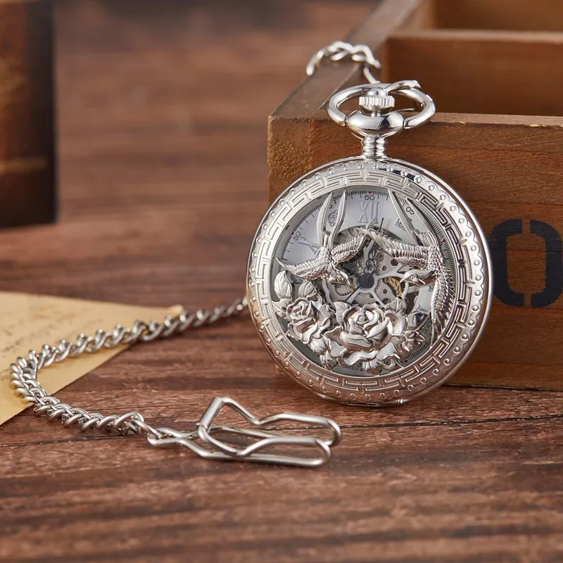 Gorben Retro Silver/Gold Skeleton Hand Winding Mechanical Steampunk Pocket Watch Pendant Necklace Chain FOB Watches - Цвет: Silver With Box