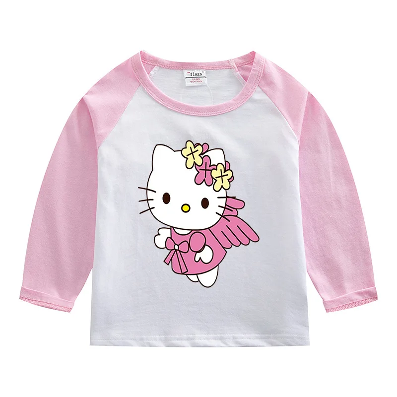 Hello Kitty Hit Color niños Casual algodón de manga larga chica estampado de dibujos animados patrón cuello redondo camisa de fondo camiseta de bebé