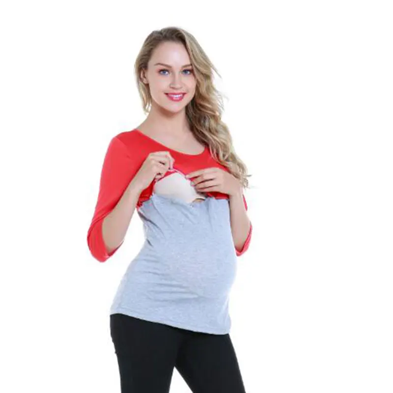 

Breastfeeding T-Shirt For Maternity 3/4 Sleeve Autumn Patchwork Pregnancy Tops Tshirt Round Neck Pregnant T-Shirt D30