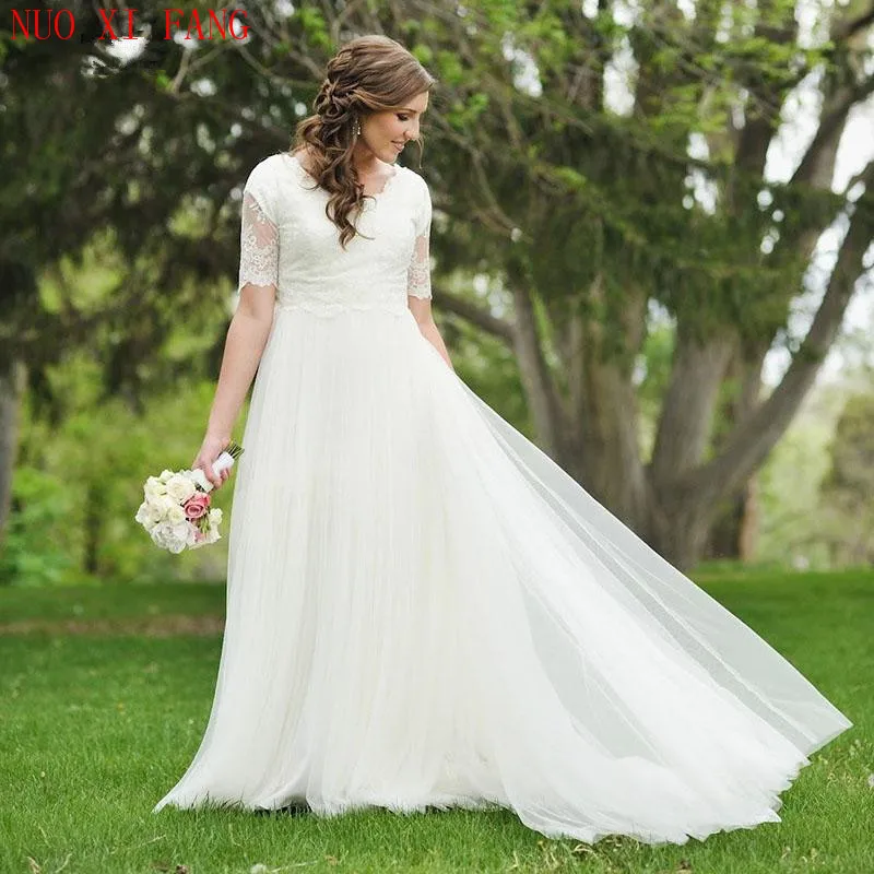 

NUOXIFANG Princess Scoop A-line Lace Appliques Wedding Dress Short Sleeve Bride Dress Tulle Wedding Gowns Boho Vestidos De Novia