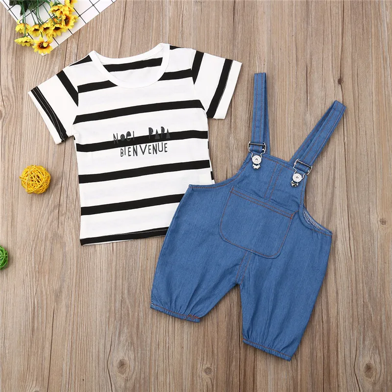 Комплект одежды для малышей 0-24 мес., 2 предмета, футболка в полоску с короткими рукавами для мальчиков, комплект джинсовых комбинезонов, одежда для маленьких девочек, костюм для маленьких мальчиков, комплект для младенцев