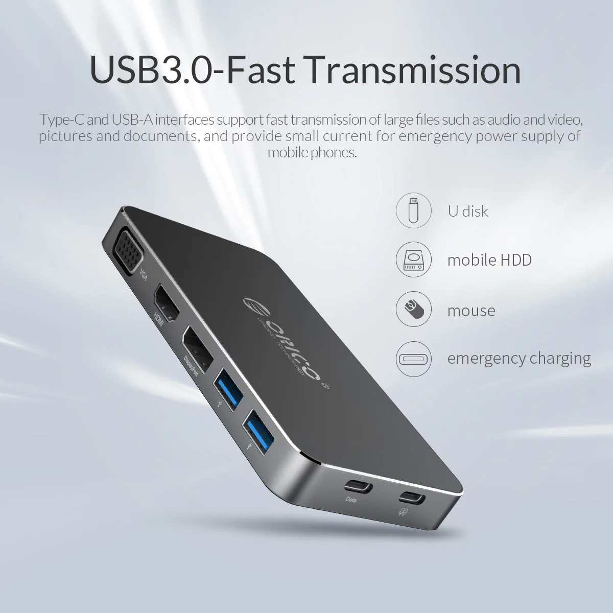 Алюминий 8 в 1 type-C* 1(зарядка), type-C* 1(данные), HDMI* 1, VGA* 1, DisplayPort* 1, USB3.0* 2 многофункциональная док-станция, XC-306